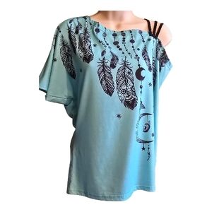 Dressfo Teal Dreamcatcher Feather Graphic Cold Shoulder Top Size XL Boho
